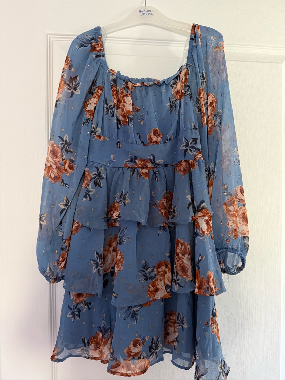 Rare Editions Dusty Blue Floral Tiered Long-Sleeve Mini Dress